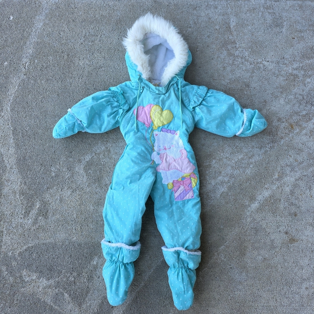 Vintage Aqua Baby Snowsuit w/ Kitty Applique & Booties (Climate Control)